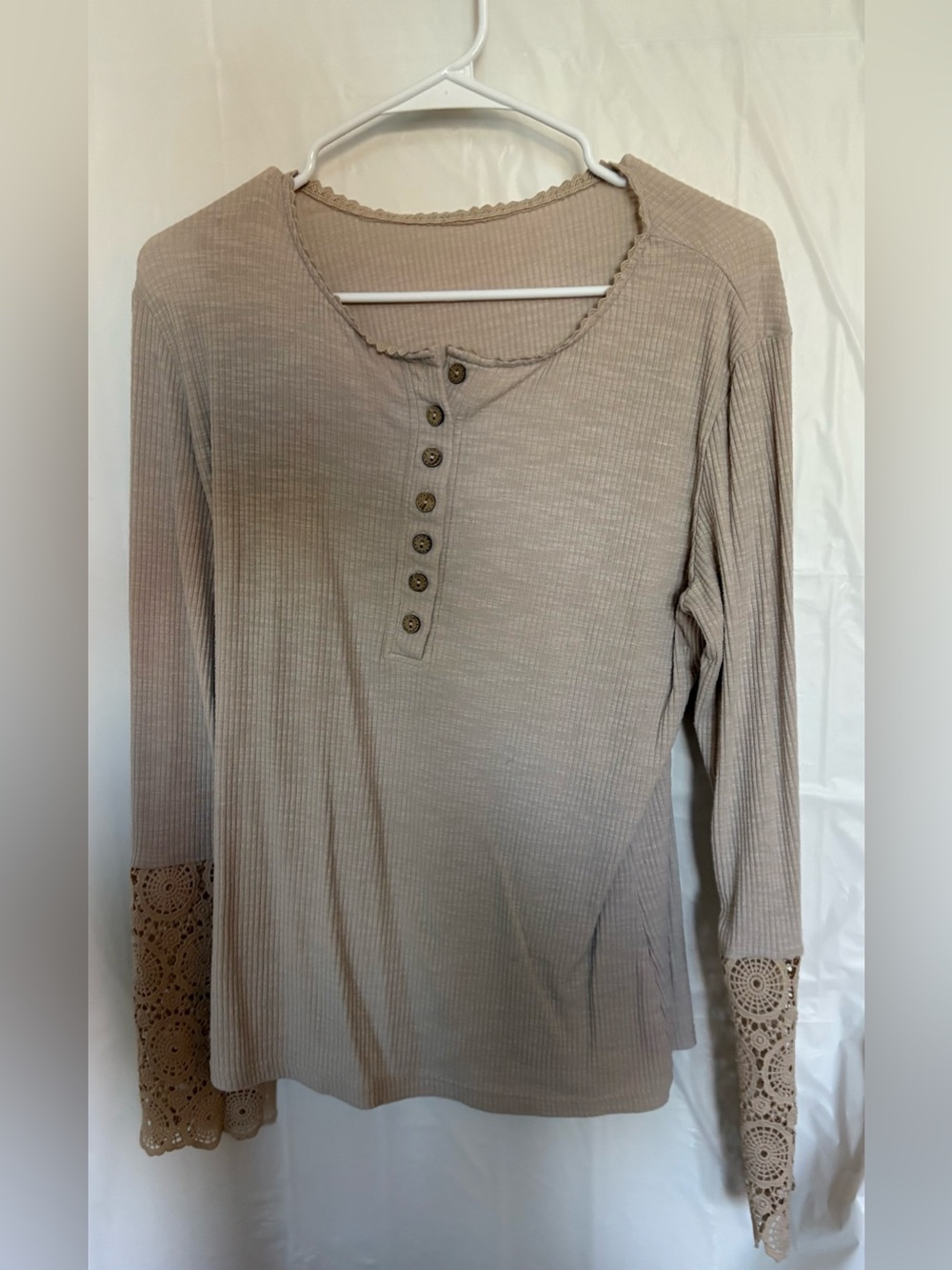 Women's Beige Crochet Cuff Henley Top